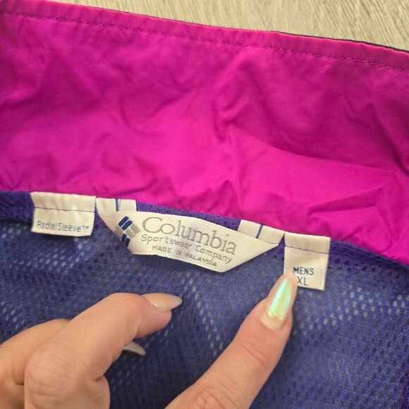 Vintage 90s Columbia Mens XL Retro Windbreaker Jacket Purple Black front pocket - Picture 5 of 8